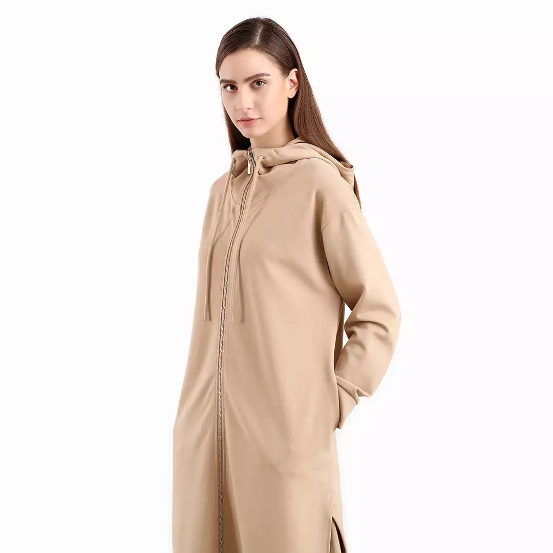 Solid Side Slits Long Hooded Jacket