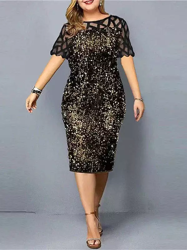 Sparkling Gold Sequin Plus Size Midi Dress