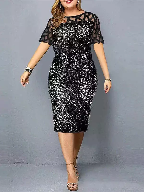 Sparkling Gold Sequin Plus Size Midi Dress