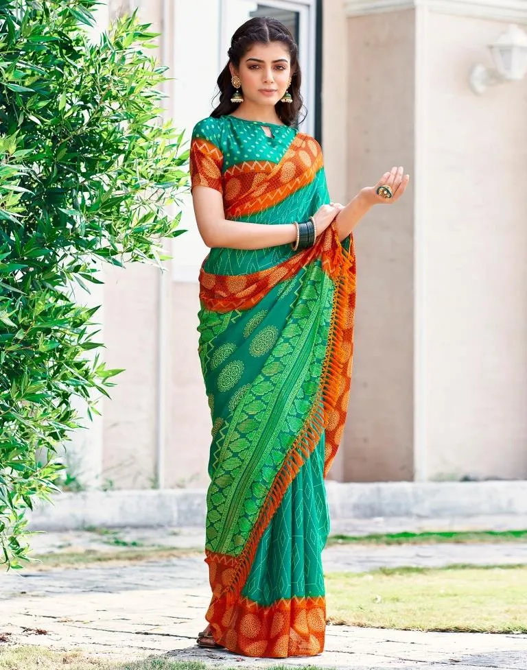 Teal Green Cotton Printed Sarees