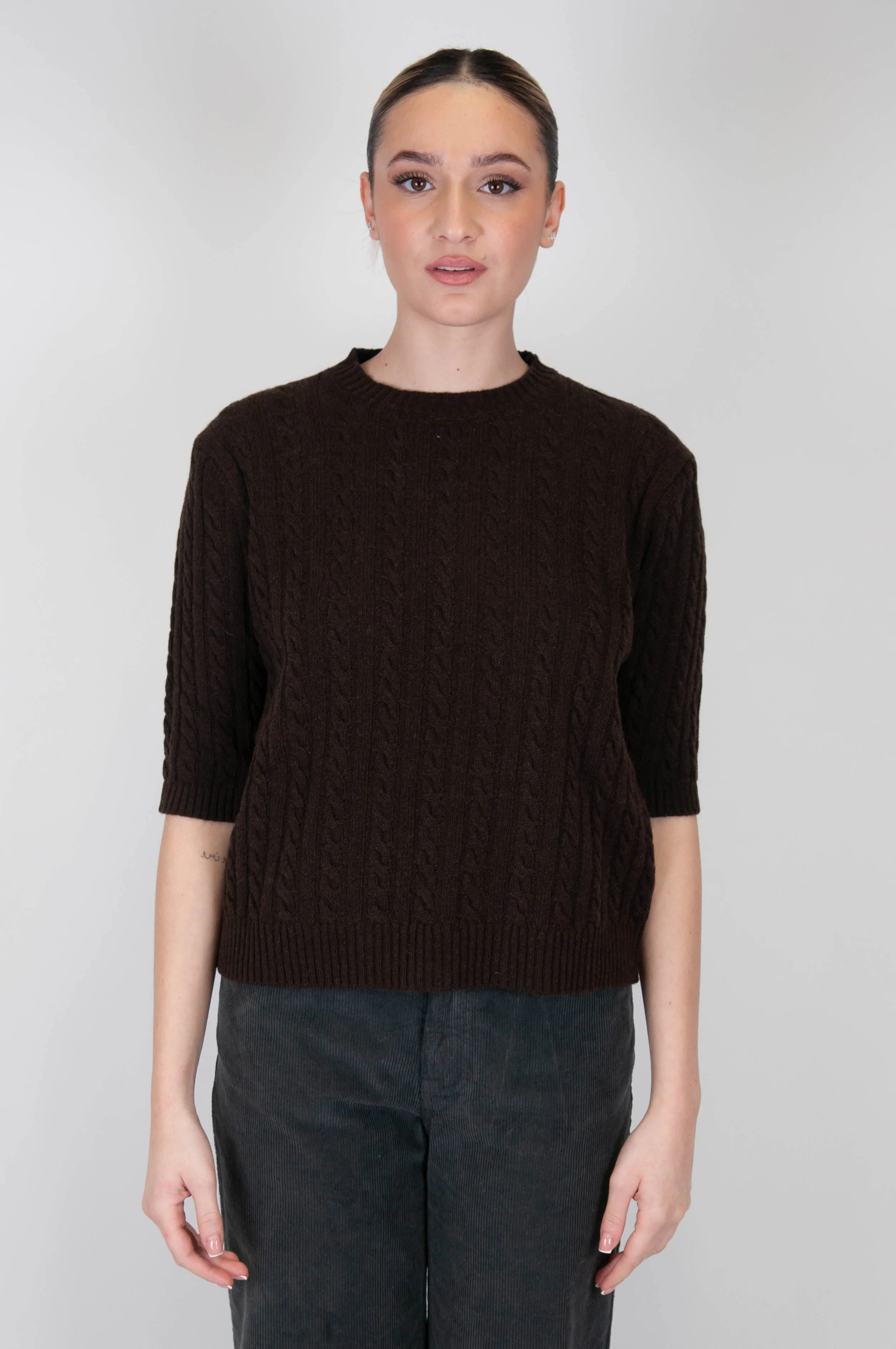 Tensione in - Maglia girocollo con trecce in misto cashmere manica 3/4