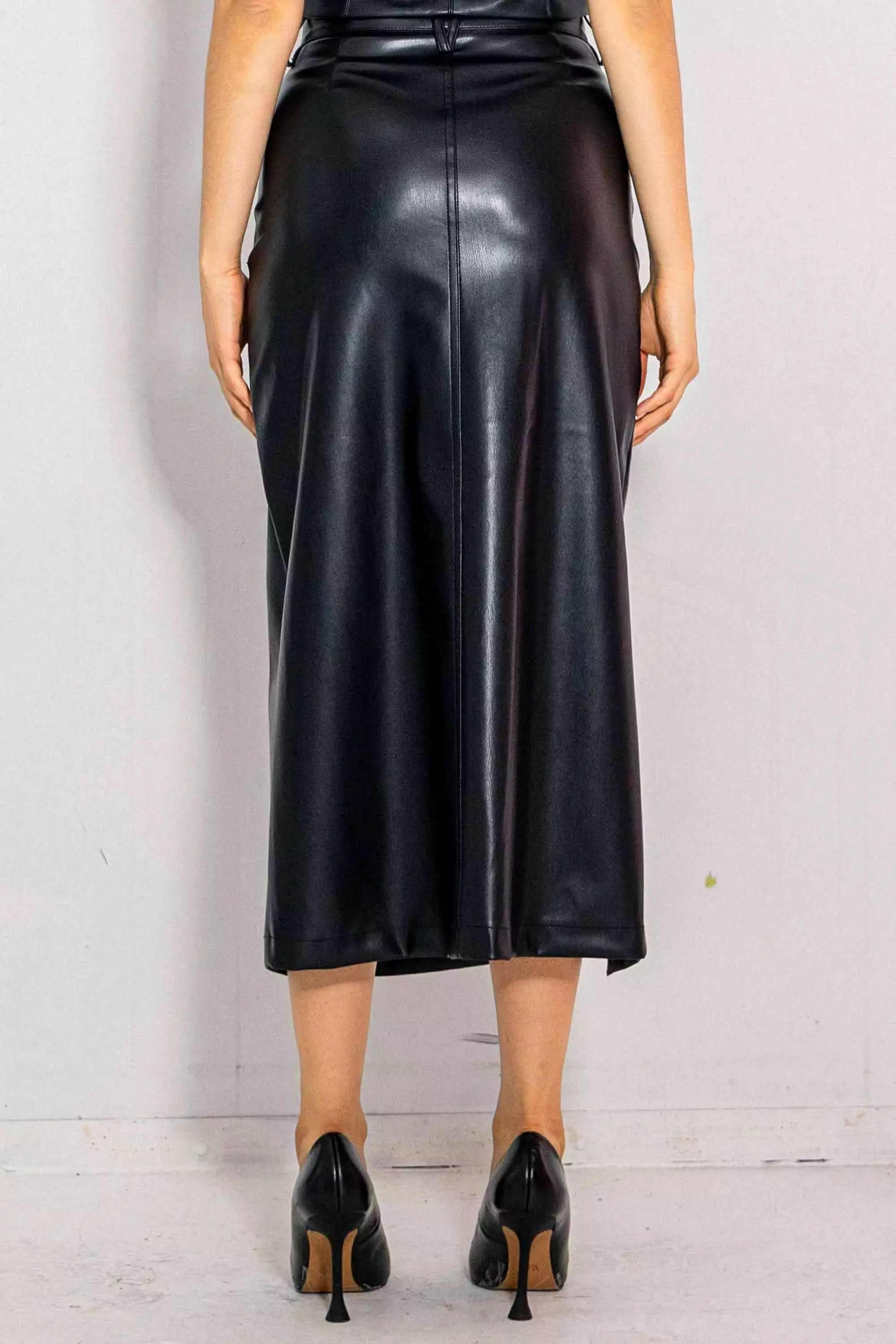 Vegan Leather 5 Pockets Column Skirt