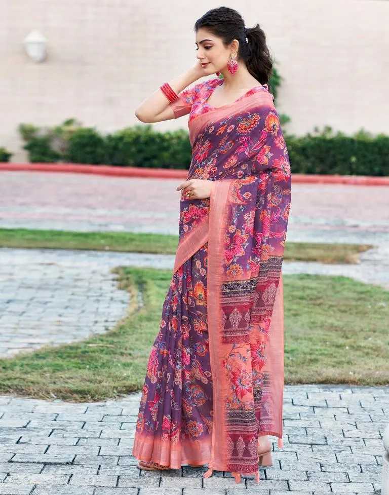 Wine Linen Printed Sarees