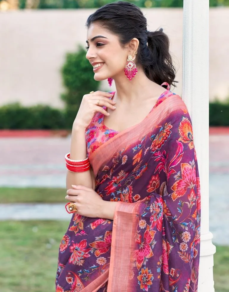 Wine Linen Printed Sarees