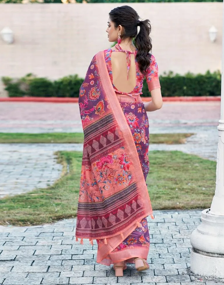 Wine Linen Printed Sarees