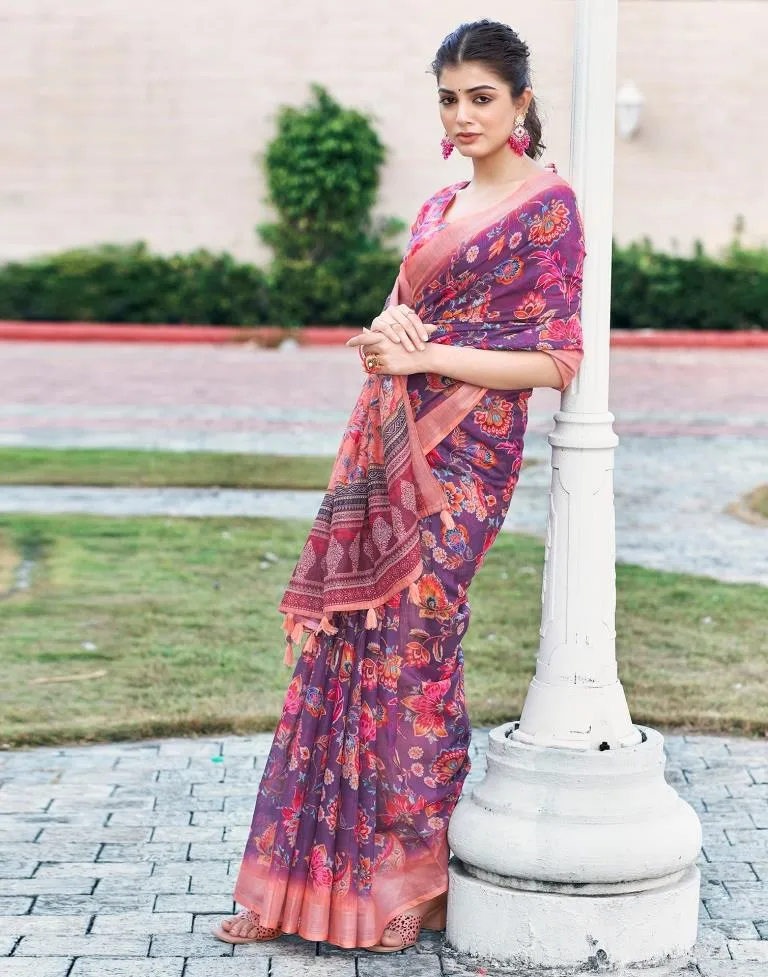 Wine Linen Printed Sarees