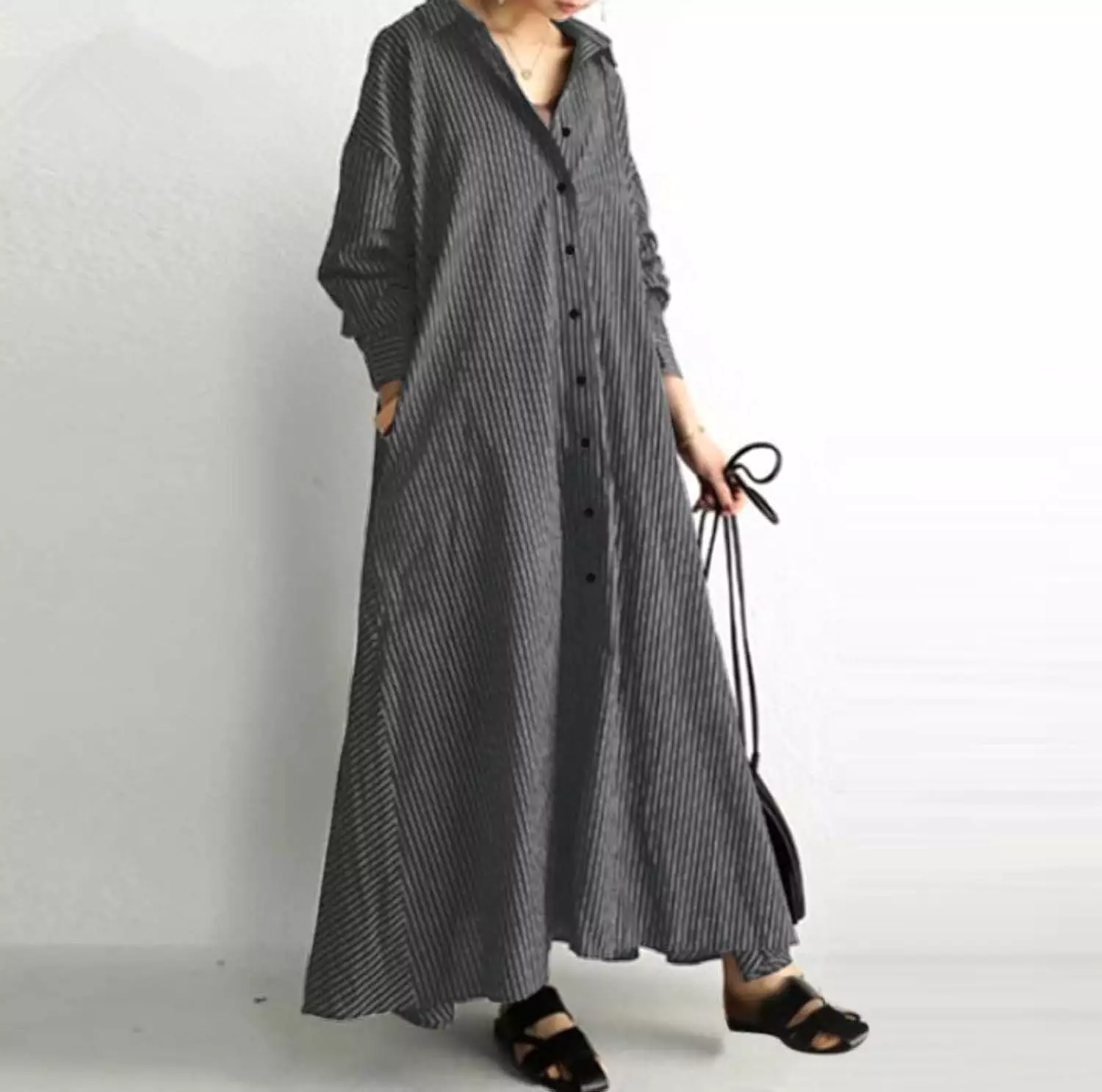 Women's Cotton Linen Long Shirt Dress Long Sleeve 2XL B-102411