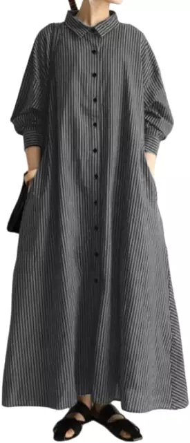 Women's Cotton Linen Long Shirt Dress Long Sleeve 2XL B-102411