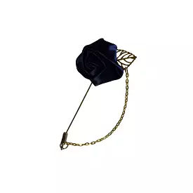 Womens Navy Rose With Gold Leaf Flower Suit Blazer Jacket Lapel Pin