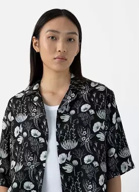 Women's Silk Leaf Print Camp Collar Shirt in Black