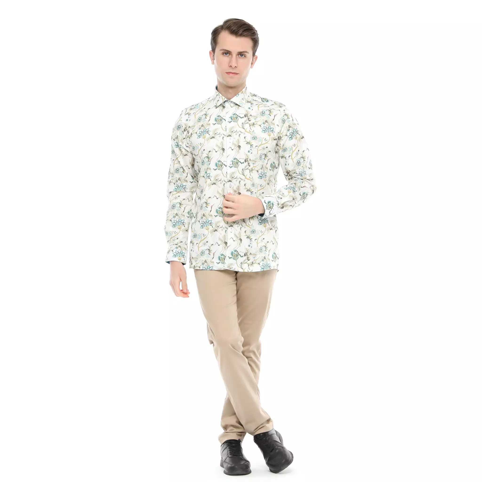 Xact Men's Crane Bird Print Long Sleeved Shirt, Regular Fit