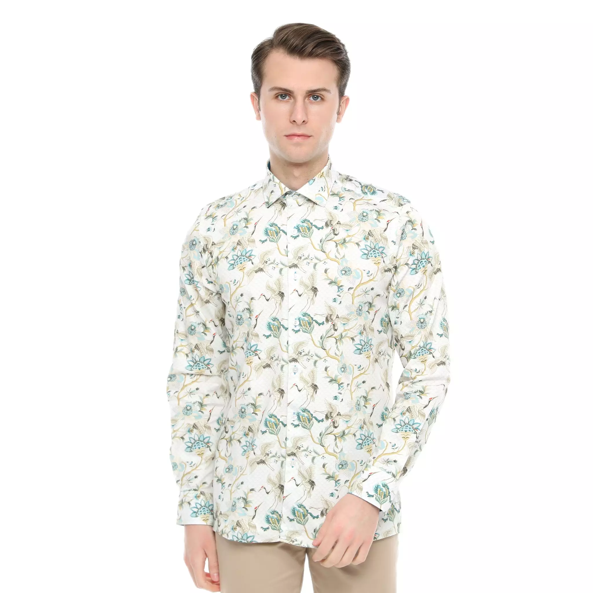 Xact Men's Crane Bird Print Long Sleeved Shirt, Regular Fit