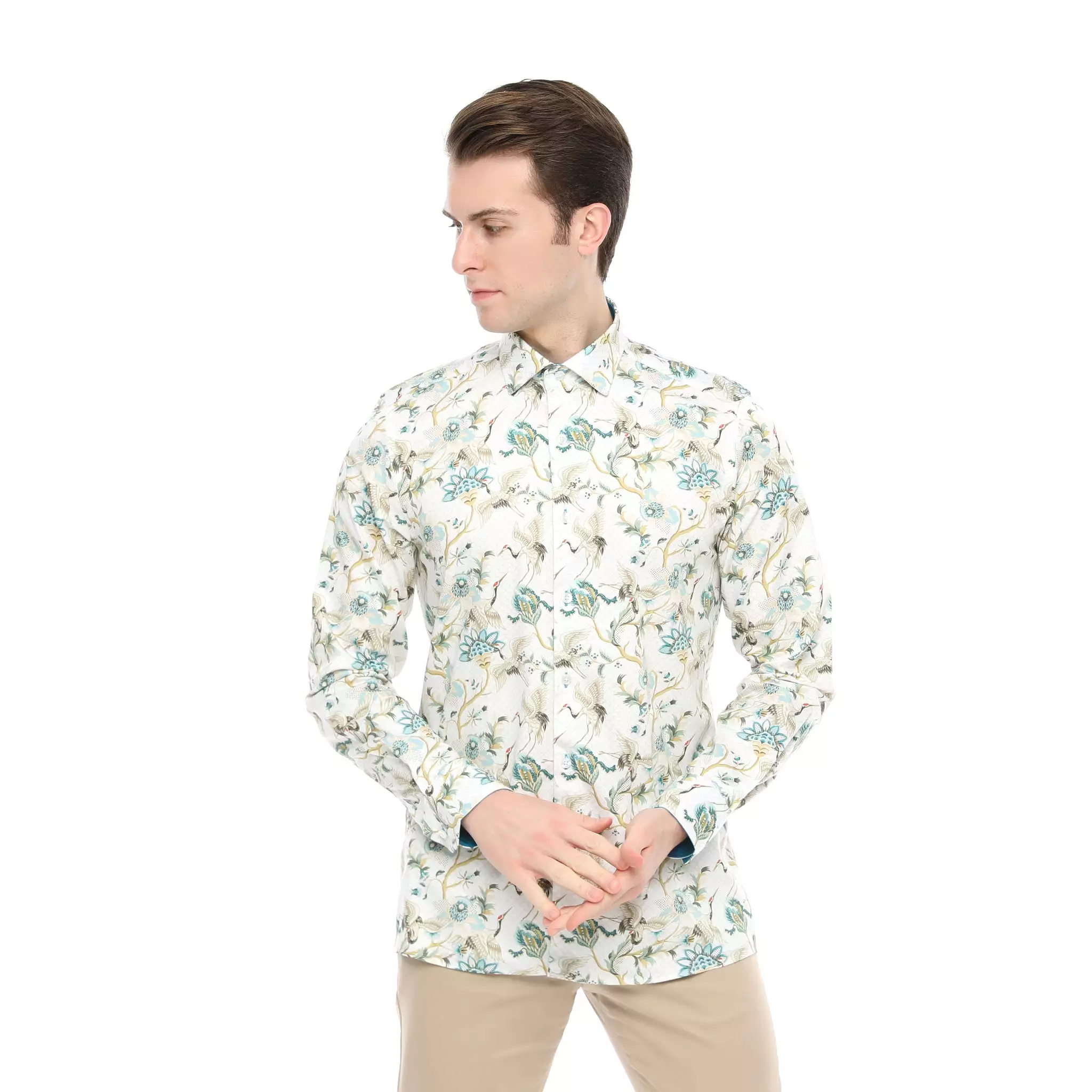 Xact Men's Crane Bird Print Long Sleeved Shirt, Regular Fit