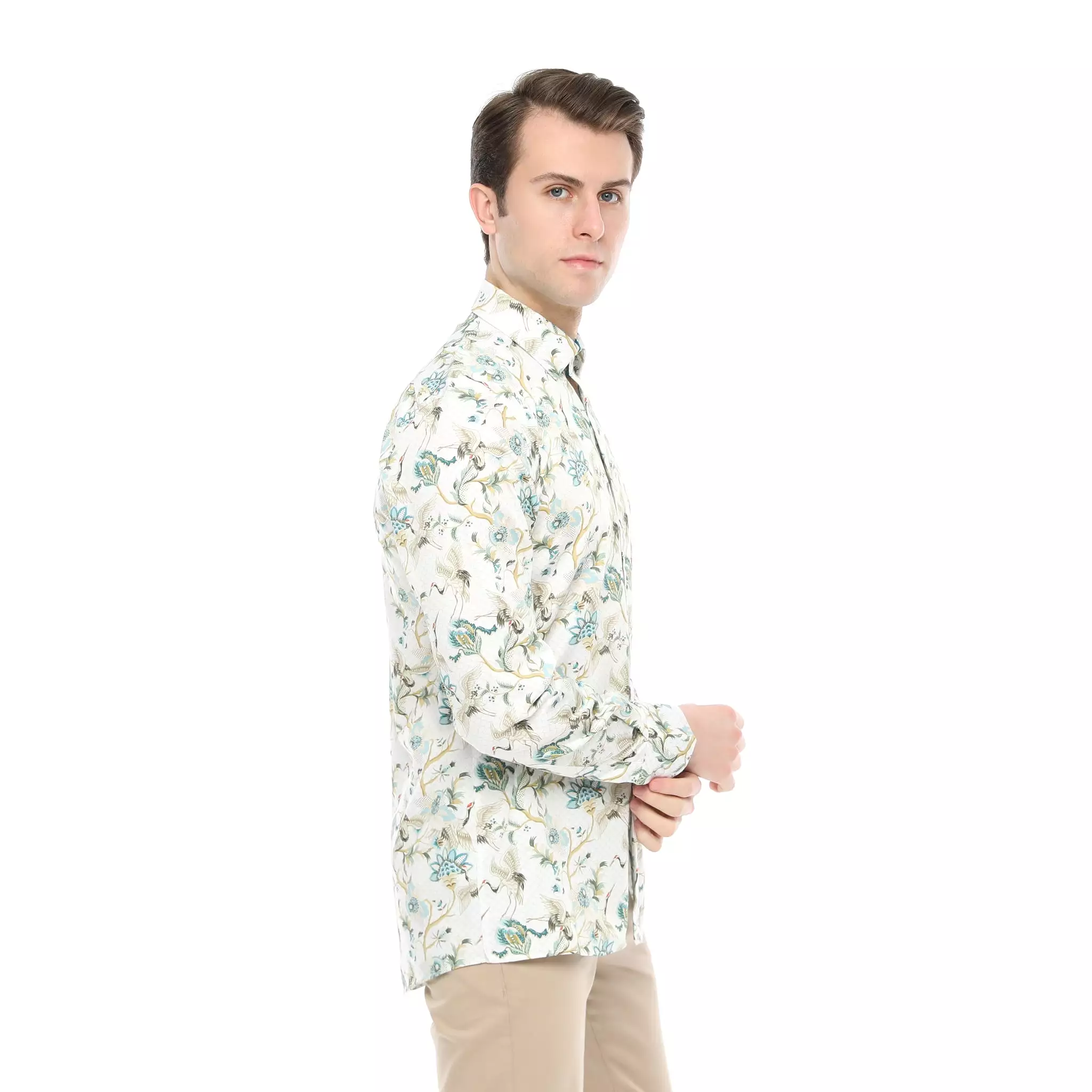 Xact Men's Crane Bird Print Long Sleeved Shirt, Regular Fit