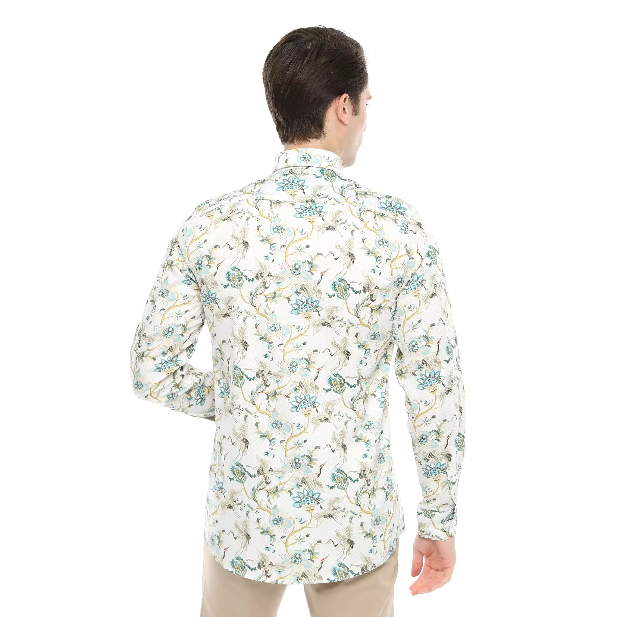 Xact Men's Crane Bird Print Long Sleeved Shirt, Regular Fit