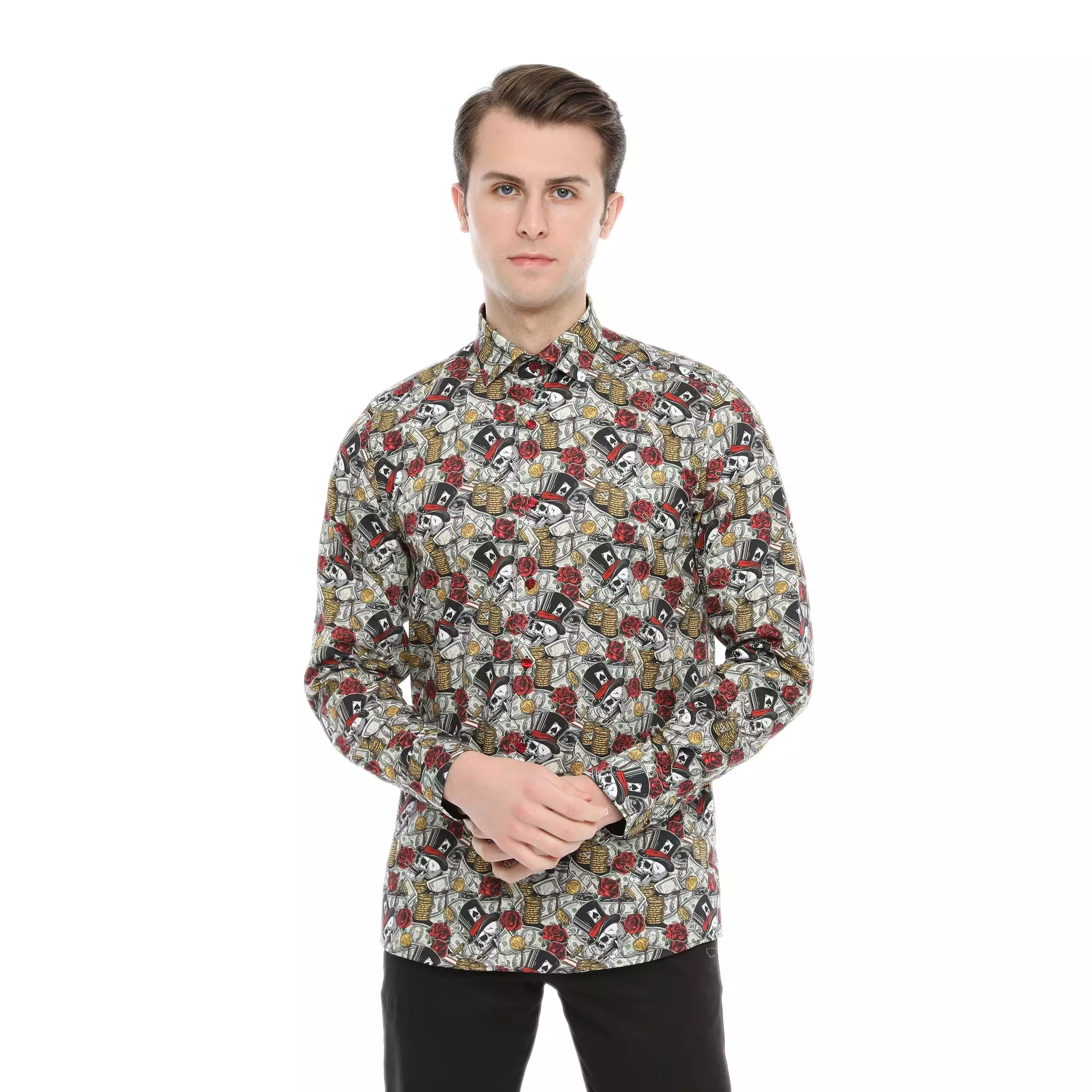 Xact Men's Gambling Skulls Print Long Sleeved Shirt, Regular Fit