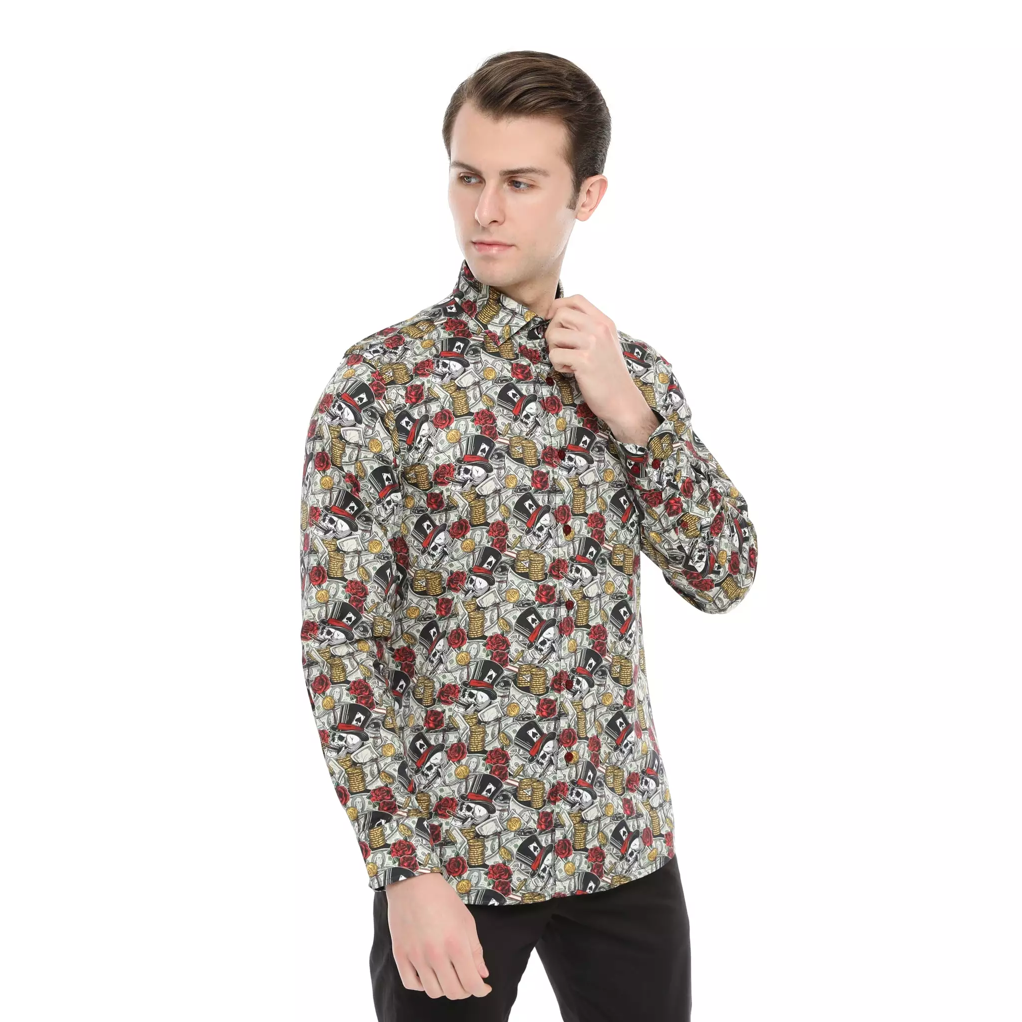 Xact Men's Gambling Skulls Print Long Sleeved Shirt, Regular Fit