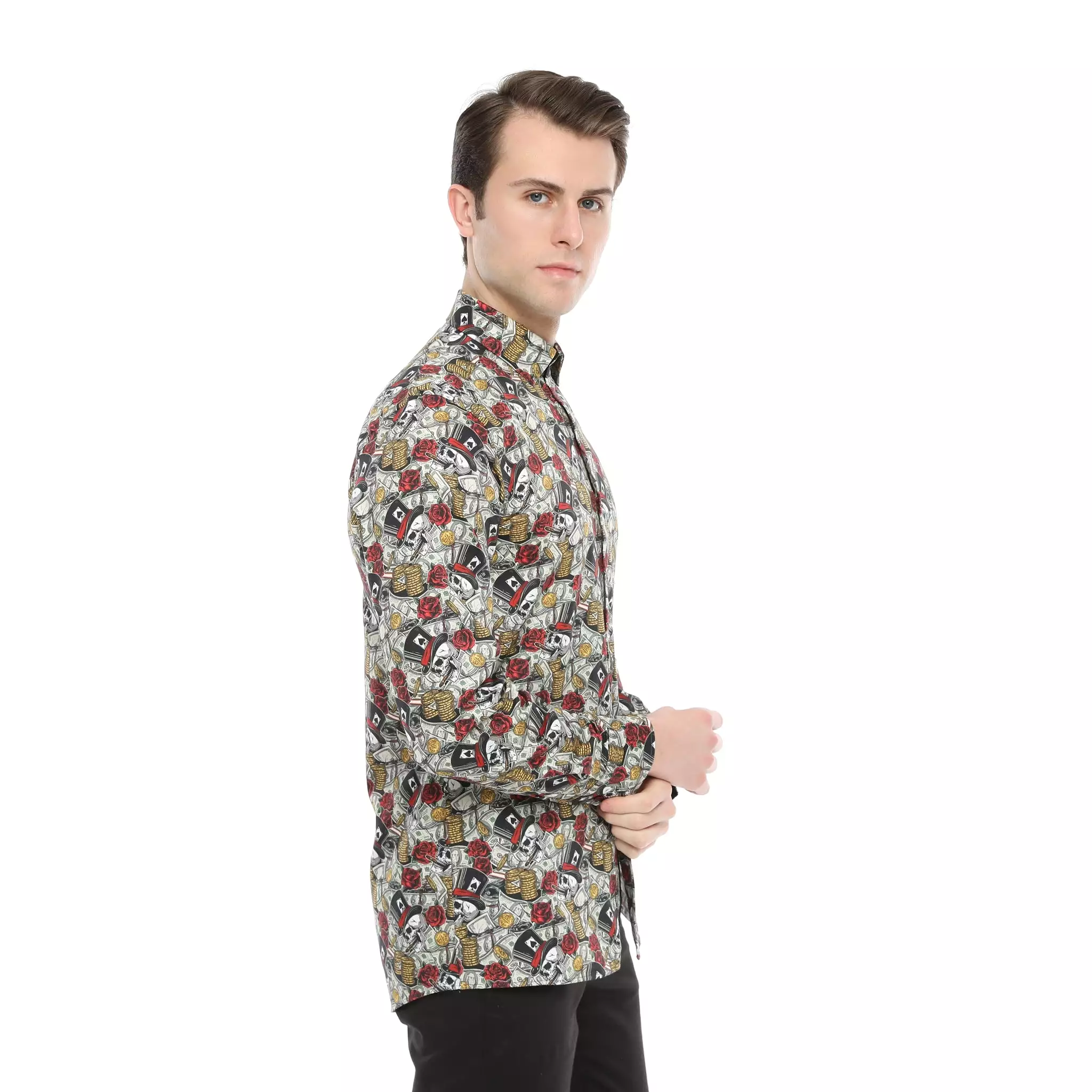 Xact Men's Gambling Skulls Print Long Sleeved Shirt, Regular Fit