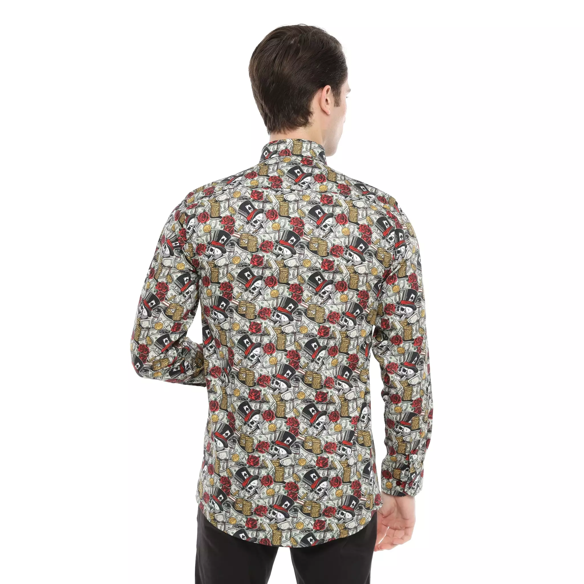 Xact Men's Gambling Skulls Print Long Sleeved Shirt, Regular Fit