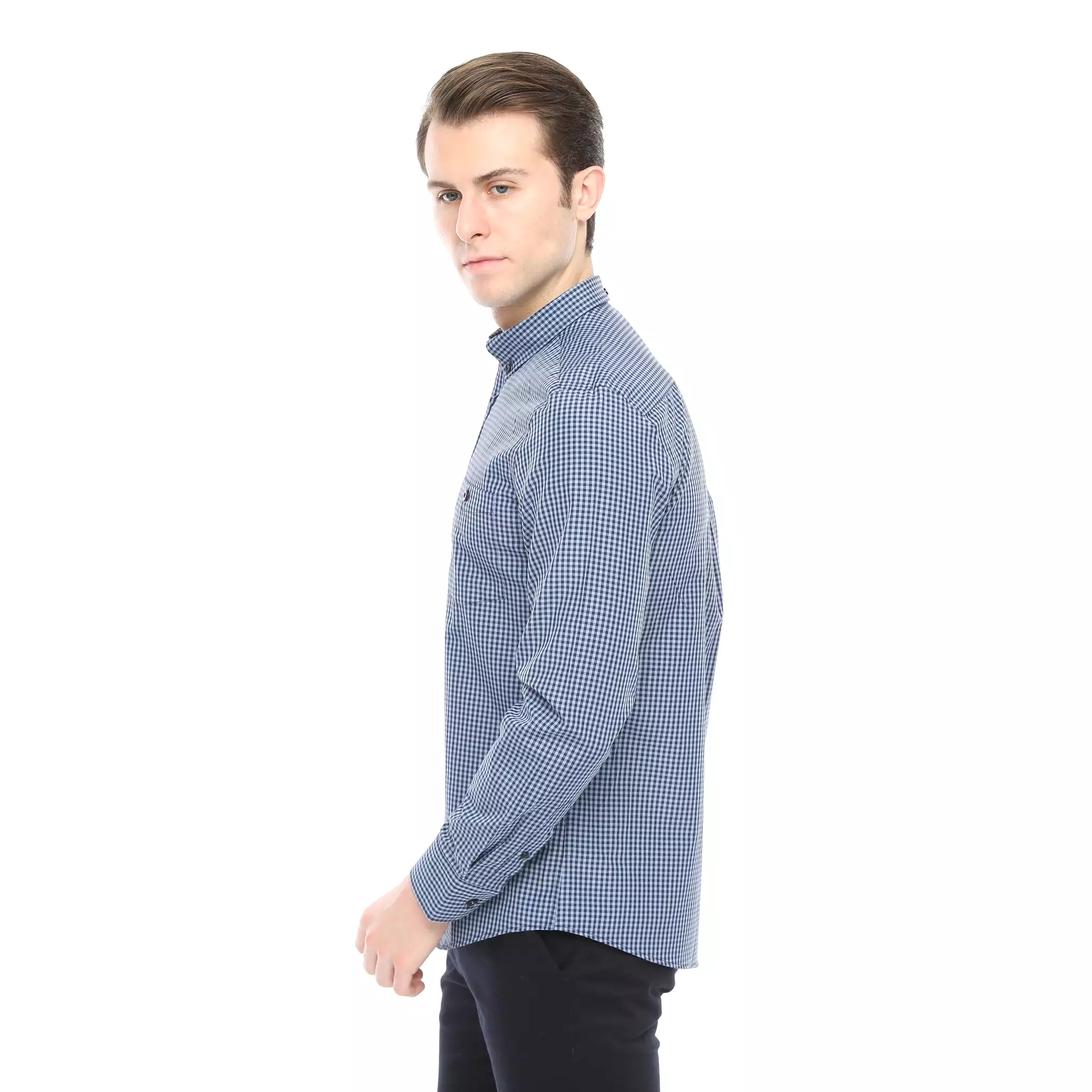 Xact Men's Gingham Check Shirt with Button-Down Collar - Long Sleeved