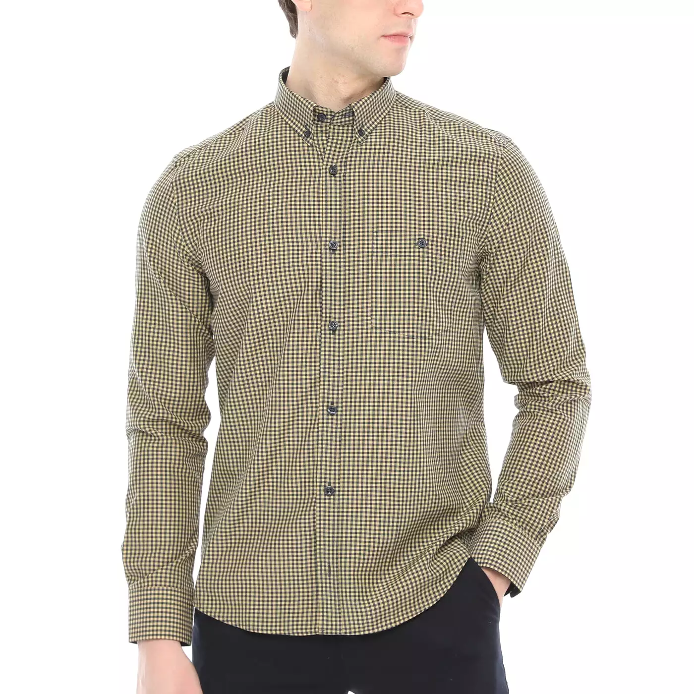 Xact Men's Gingham Check Shirt with Button-Down Collar - Long Sleeved